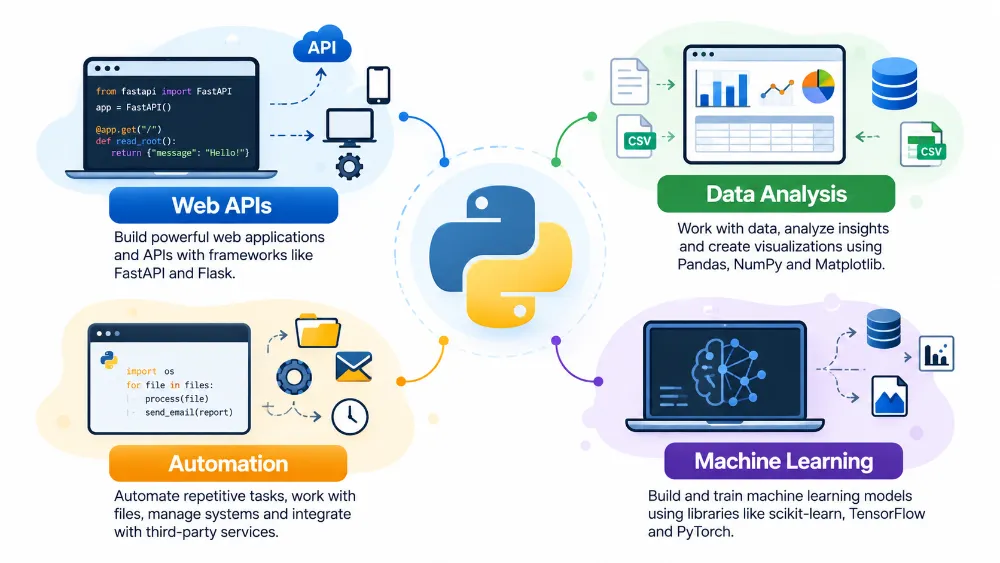 what is python used for: web APIs, data analysis, automation, and machine learning