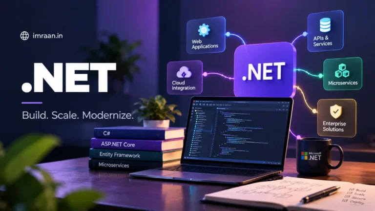 .NET hub linked to web apps, APIs, microservices, cloud and enterprise solutions, beside a laptop with C# code