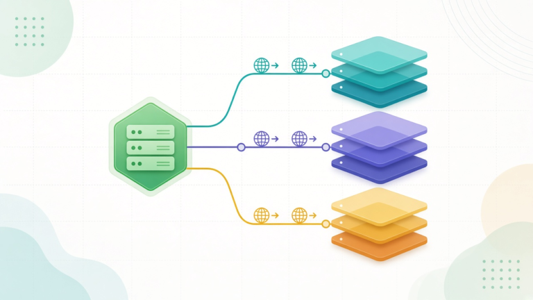 Express REST API diagram: a green hexagon server branching into teal, indigo and amber stacks for routes, controllers and services