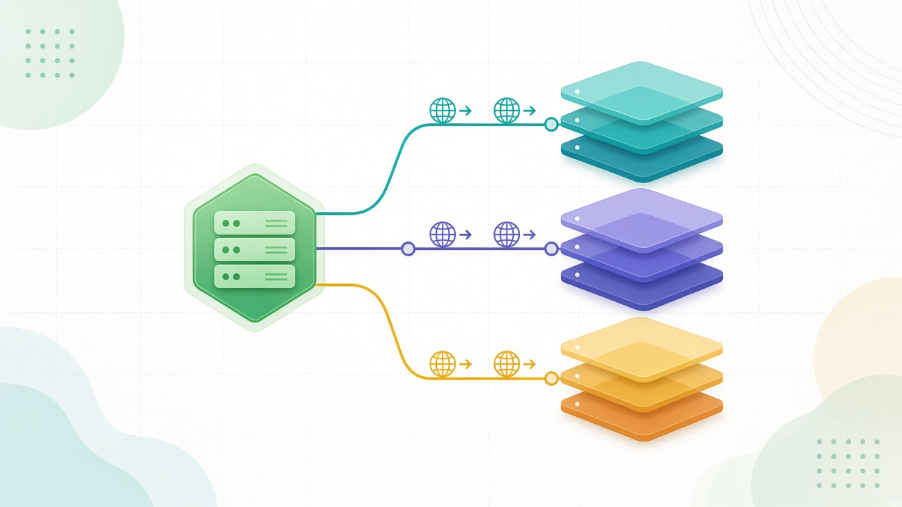 Express REST API diagram: a green hexagon server branching into teal, indigo and amber stacks for routes, controllers and services