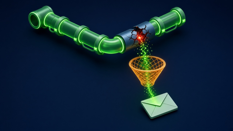Error handling middleware illustration: a cracked neon green pipe throws a red spark, and an orange funnel catches the flow into an envelope
