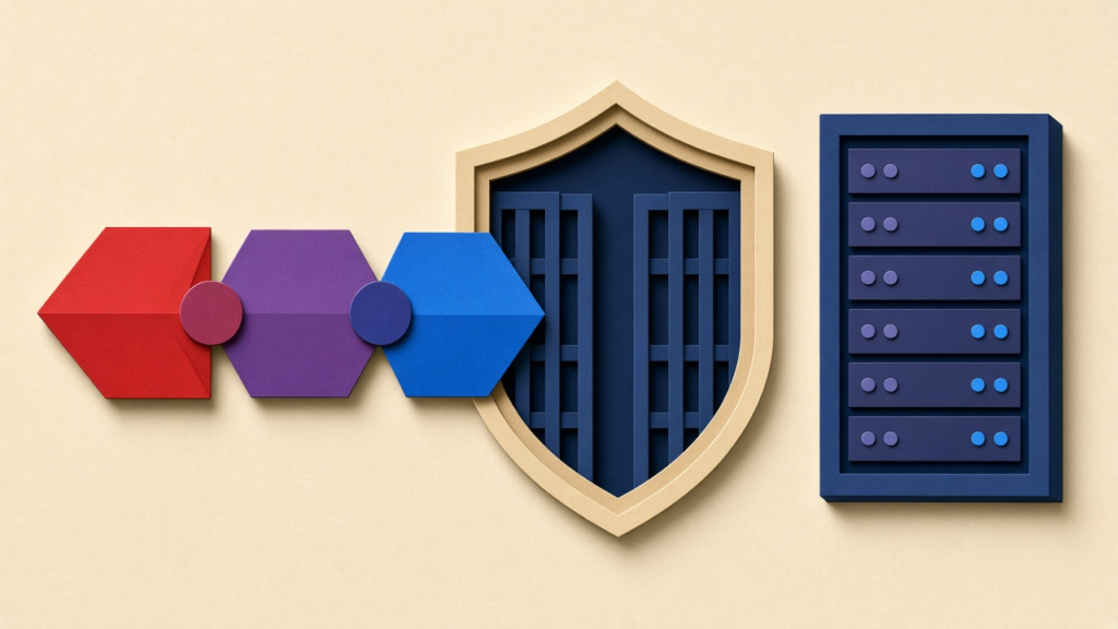 JWT authentication in paper-cut style: red, purple and blue token segments pass through a shield gate to a server rack
