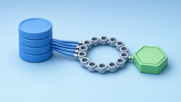 PostgreSQL pool illustration: a blue 3D database stack with cables running into a ring of connection plugs and a green app node