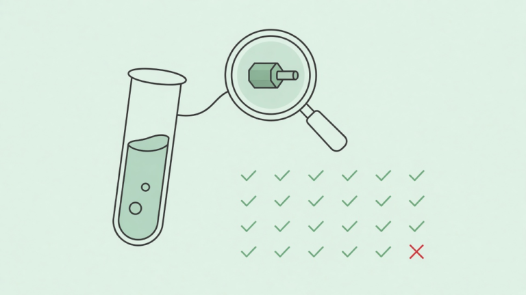 Jest and Supertest line art: a test tube and a magnifier over an API endpoint, with a grid of green checks and one red cross