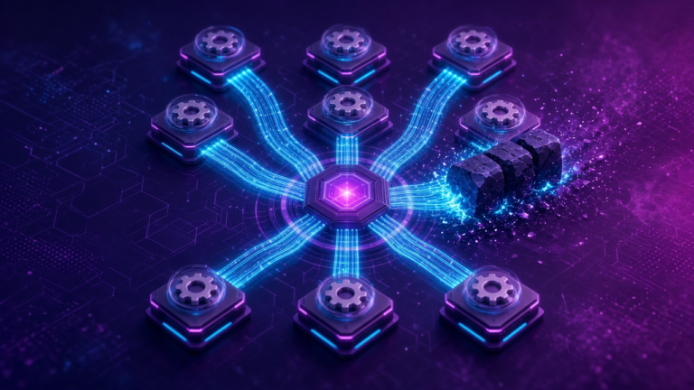 Worker threads and cluster concept: streams leave a central hexagon for a grid of purple CPU cores, and one stream is jammed by a block
