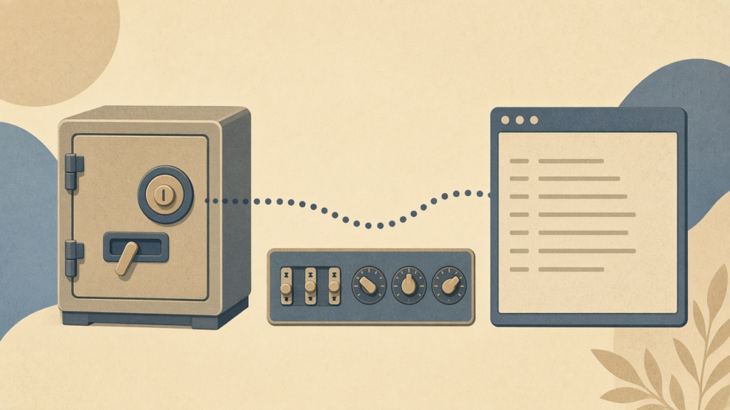 Environment variables concept: a retro safe for secrets, a panel of switches and dials, and a dotted line to a terminal window