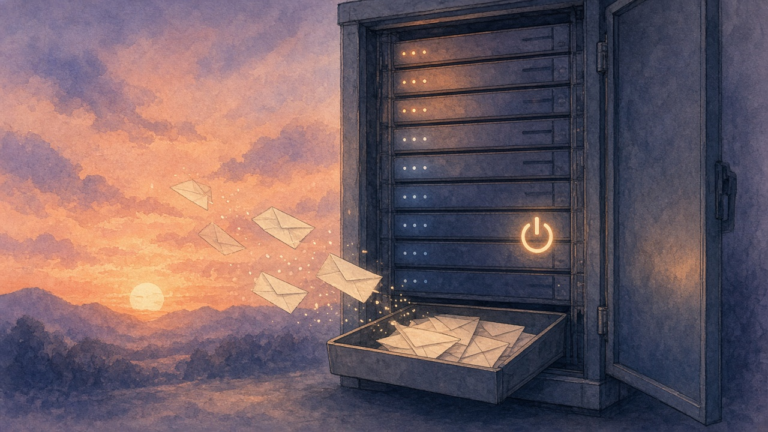 Graceful shutdown watercolor: a server rack at dusk under a power symbol, with the last request envelopes landing in a tray