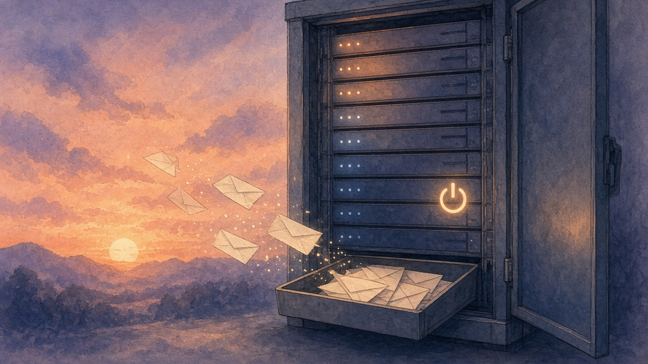 Graceful shutdown watercolor: a server rack at dusk under a power symbol, with the last request envelopes landing in a tray