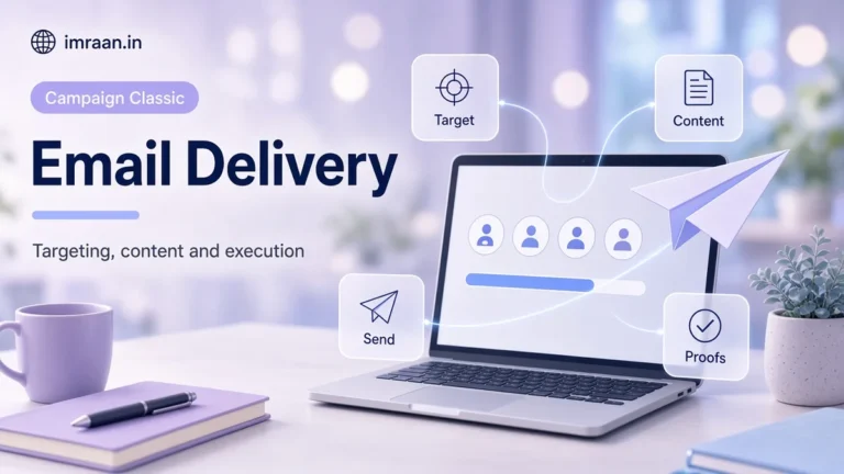Adobe Campaign email delivery illustration: targeting, content, proofs and sending from a laptop