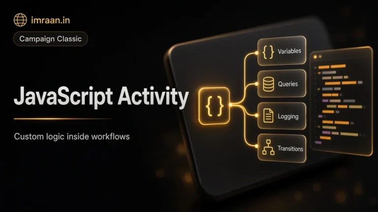 Adobe Campaign JavaScript activity illustration: custom workflow logic with variables, queries and logging