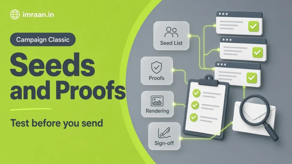 Adobe Campaign seed addresses illustration: proof checklist and inbox previews tested before sending