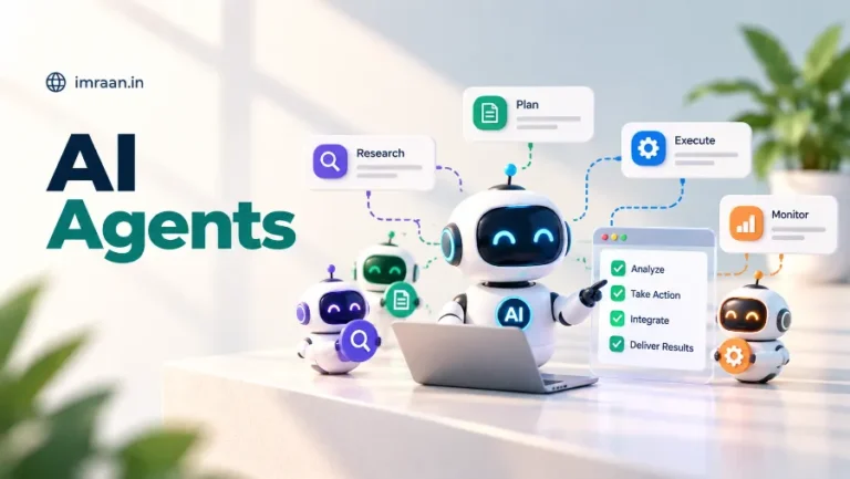 AI Agents illustration: a lead robot agent at a laptop coordinating helper agents that research, plan, execute, and monitor tasks
