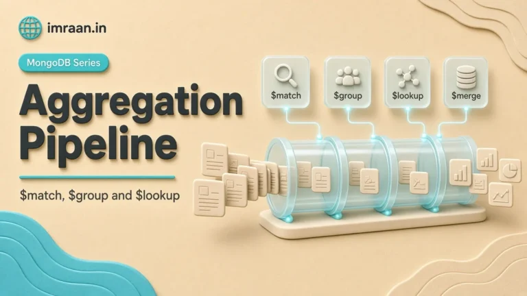 MongoDB aggregation pipeline illustration: documents flowing through $match, $group, $lookup and $merge stages