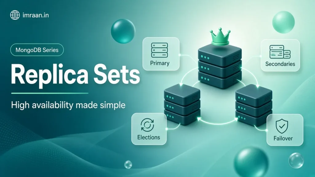 MongoDB replica sets illustration: one primary and two secondaries with elections and failover