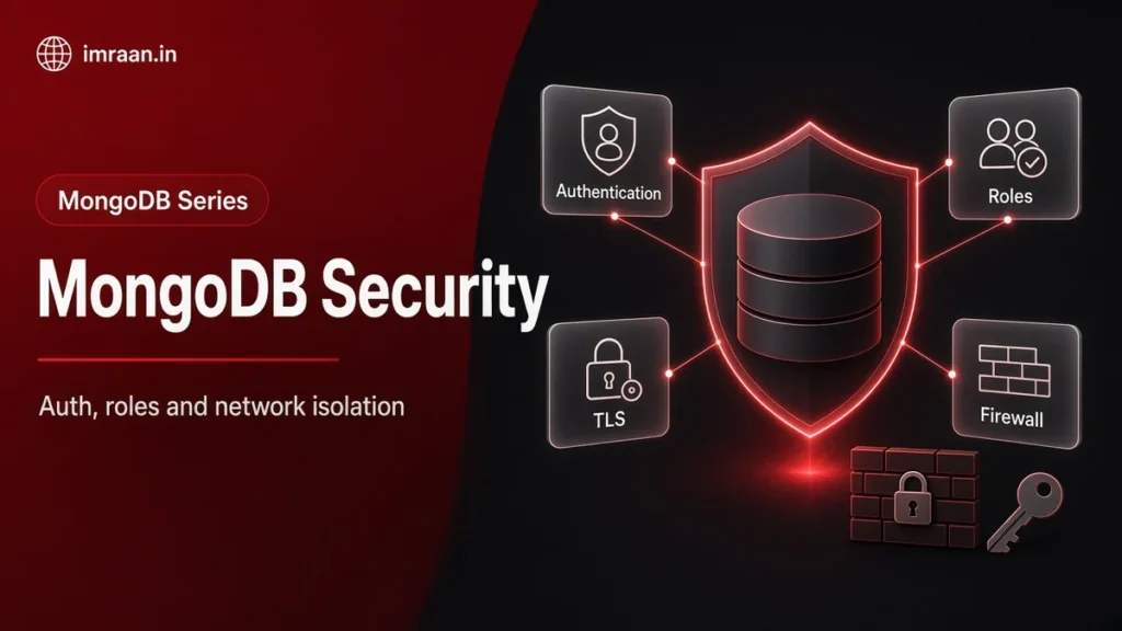 MongoDB security illustration: database shielded by authentication, roles, TLS and a firewall