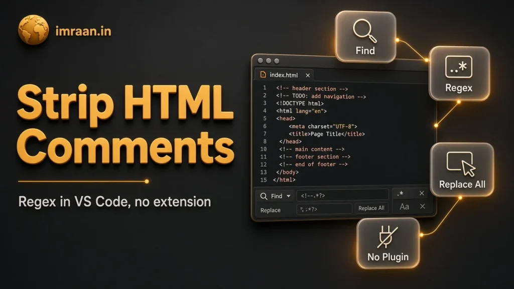 Strip HTML Comments illustration: Regex in VS Code, no extension